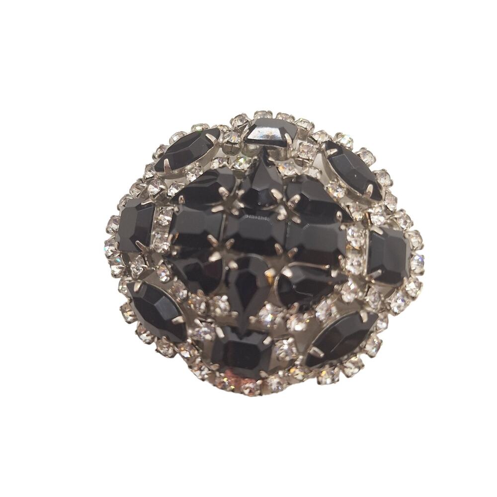 Vtg Dome Oval Black and Clear Rhinestone Brooch Silver Tone